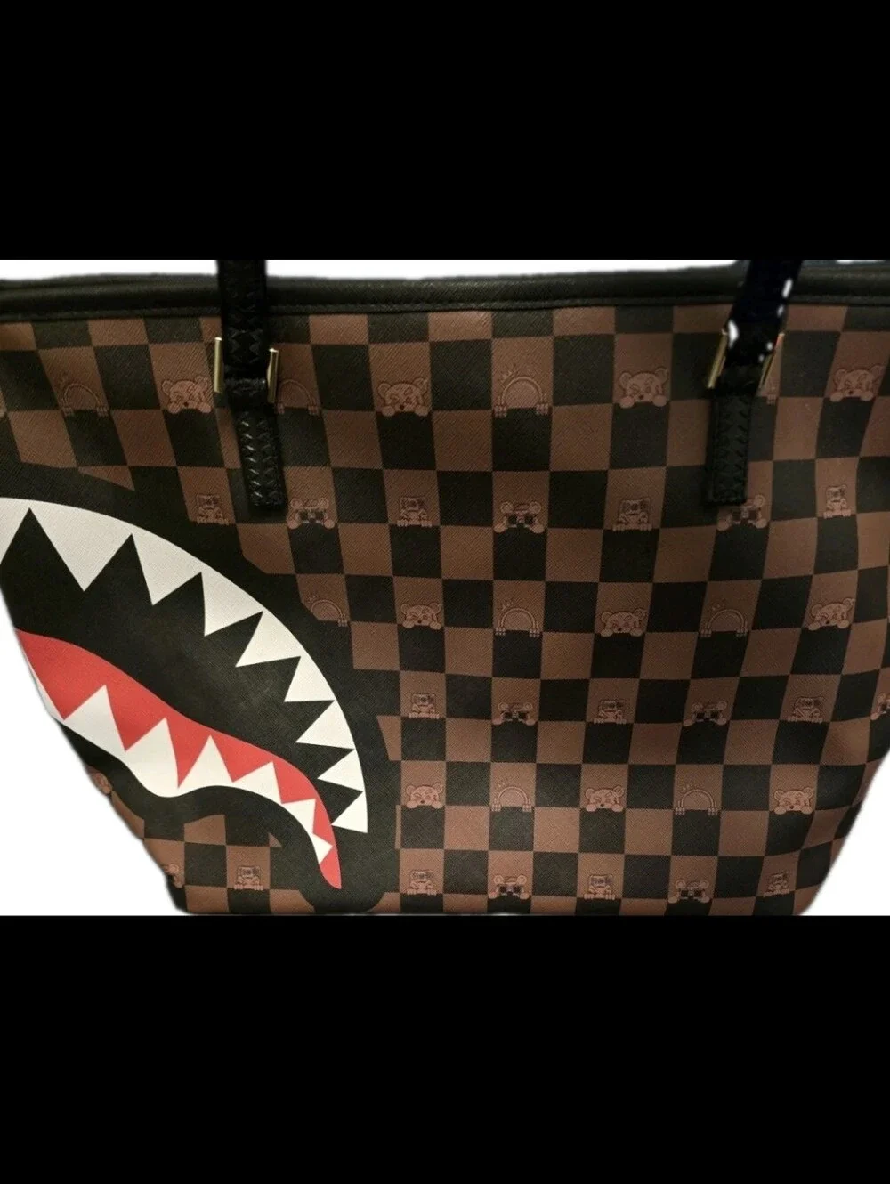 Sprayground Limited Edition Brown Checkered Shark Tote Bag NWT